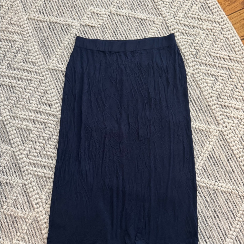 Vince Navy Midi Pull-On Skirt Size L | Elastic Waist | Silk Blend | Peru |